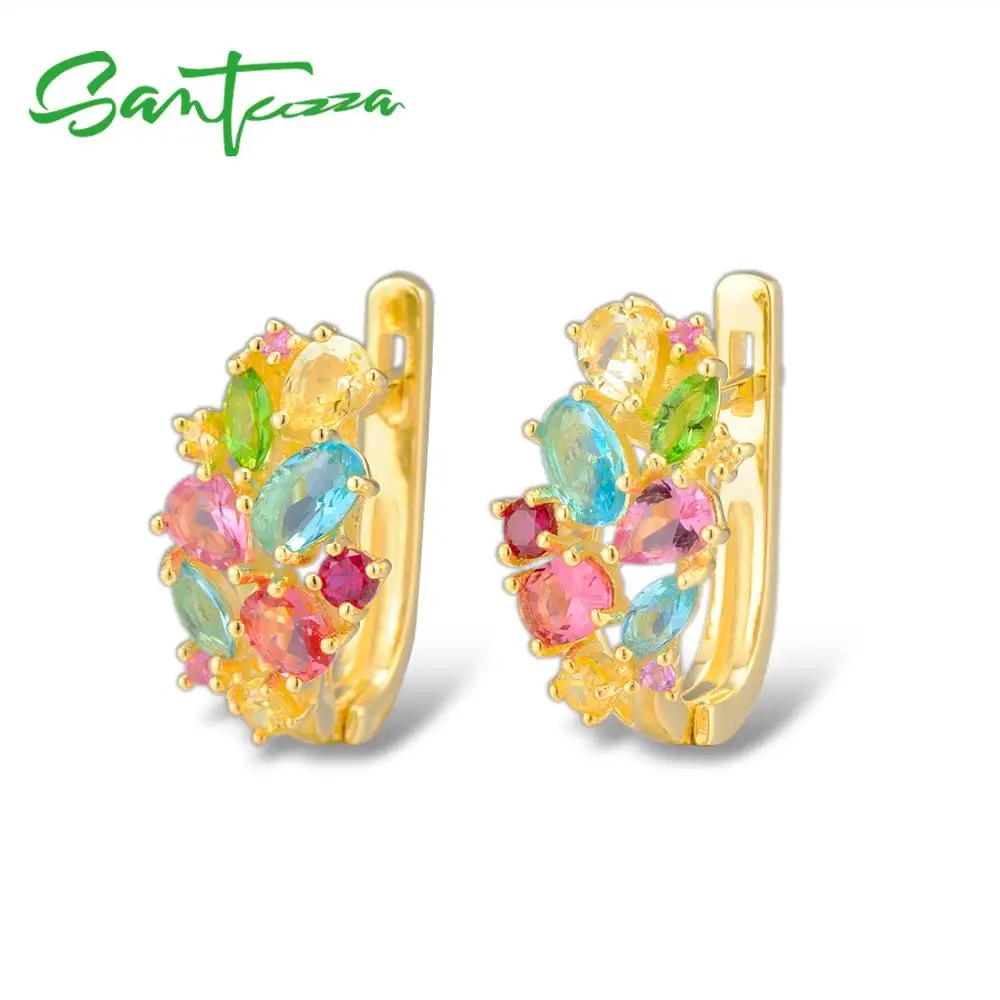 SANTUZZA серебряные серьги для женщин 925 пробы серебряные серьги-клипс Серебро 925 с красочными натуральными камнями brincos Ювелирные Изделия