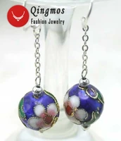 qingmos trendy cloisonne earrings for women with 12mm blue round cloisonne white flower dangle 2 earring fine jewelry ear212