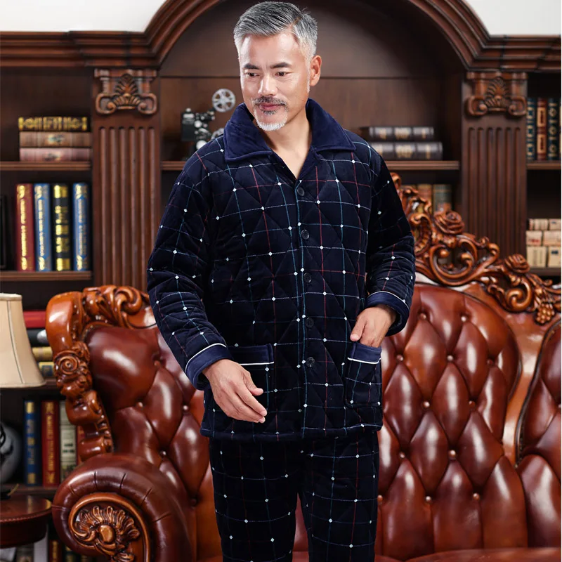 Мужской пижамный комплект, Пижамный костюм, зимняя трехслойная стеганая Толстая Коралловая Флисовая теплая одежда для сна, ночной костюм, Мужская одежда для сна, домашняя одежда