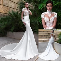 wonderful tulle satin illusion high neckline mermaid wedding dresses with lace appliques