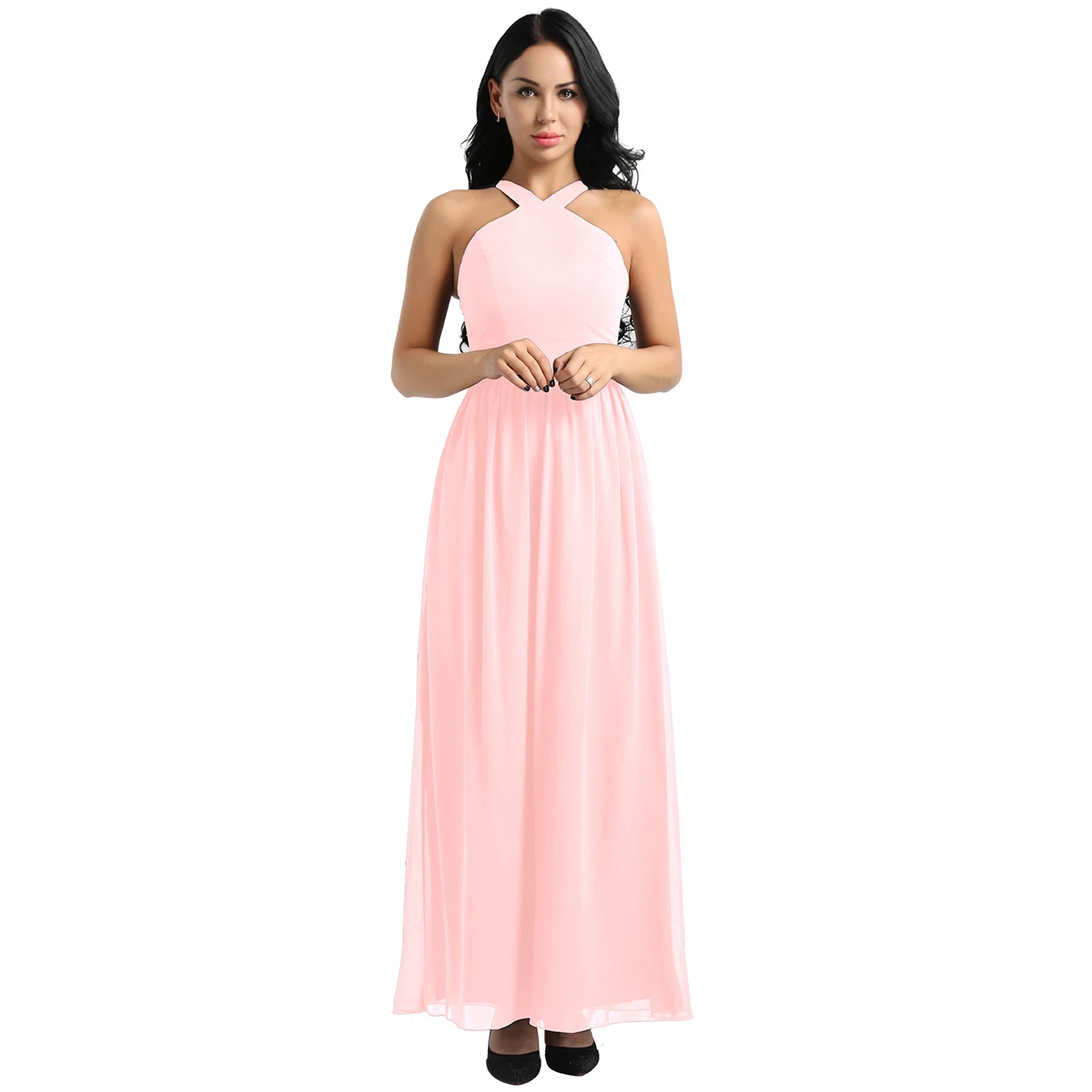 Pink Tiaobug/женские шифоновые Элегантные платья подружки невесты с перекрещивающимися бретелями, вечерние платья для выпускного вечера, длинное свадебное платье - Цвет: Pink