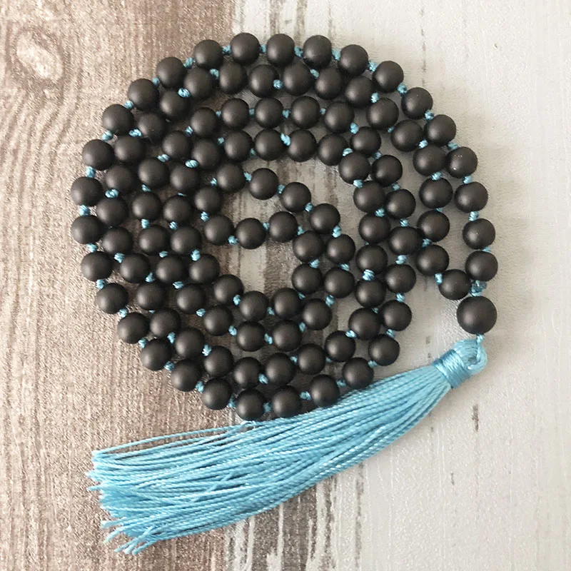 

Матовое черное ониксовое ожерелье 108 с бусинами, ручное плетение, длинное звено, ручная работа, кисточка, буддистское Мала ожерелье