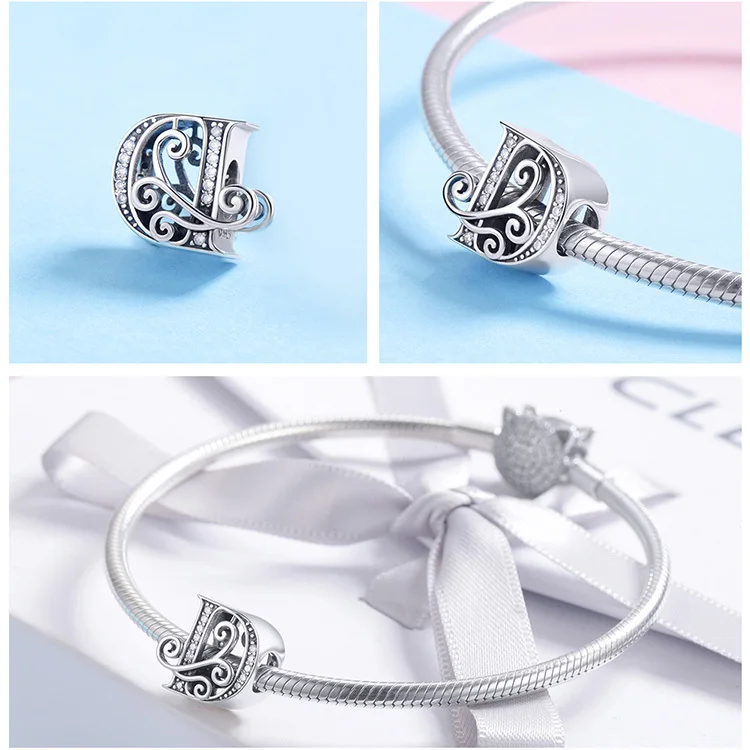 Подлинная 925 серебряная буква D Алфавит Fit Pandora Браслеты и ожерелья DIY Аксессуары Ювелирные изделия BSC030-D