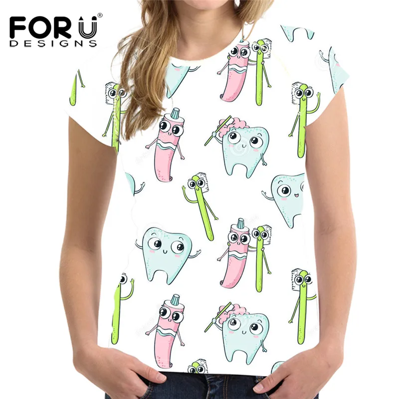 FORUDESIGNS/женская футболка с принтом стоматолога из мультфильма; брендовая одежда; топ с коротким рукавом; футболки для женщин; комфортные топы с круглым вырезом - Цвет: HME491BV