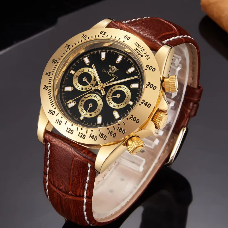 OUYAWEI автоматические мужские часы Montre Homme с кожаным ремешком водонепроницаемые