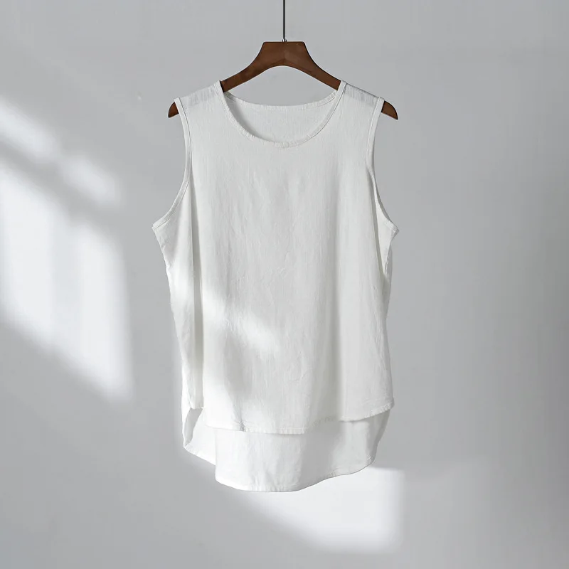 White OriGoods Linen Tank Top Women Loose Casual Summer Tank Tops Solid Black White Yellow Red White Tank top Kawaii Cute Tops C223 - Color: White