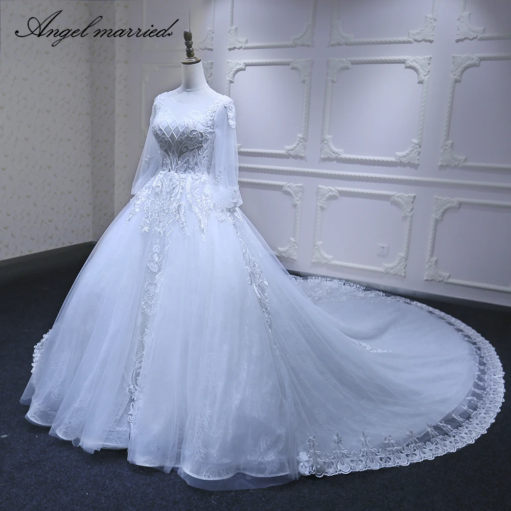 Angel married long sleeve wedding dresses beads Bridal dres lace Custom Made white ball gown tulle vestido de noiva | Свадьбы и