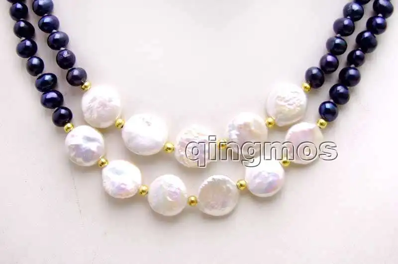 6-7 мм круглая черная жемчужина и 12-13 натуральная монета FW 2 нити 17-18 ''Necklace-n6228