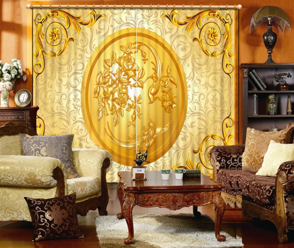 

golden curtains Luxury Blackout 3D Window Curtains For Living Room Bedroom Drapes cortinas Rideaux Customized size Cushions cove