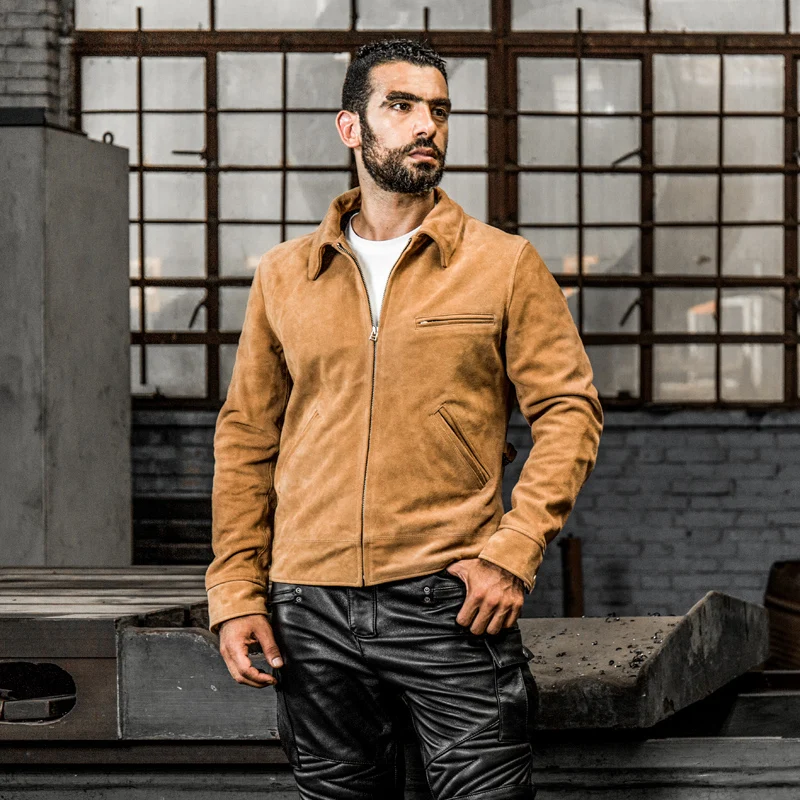 Мужская мотоциклетная куртка из натуральной кожи с отложным воротником