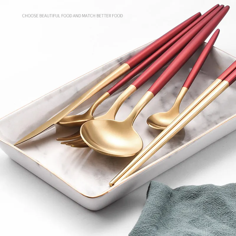 

Hot Red Gold Dinnerware Stainless Steel Western Cutlery Set Spoon Fork Chopsticks for Kitchen Food Photography Background Props
