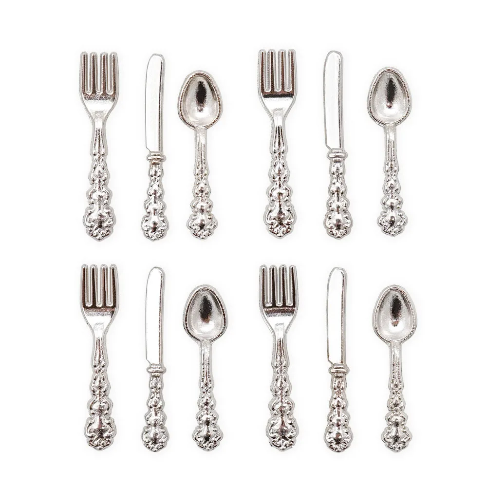 12pcs Silver KFS Odoria 1:12, миниатюрный набор из 12 предметов, нож, вилка, ложка, столовые приборы, столовые приборы, кукольный домик, кухонные аксессуары - Цвет: 12pcs Silver KFS