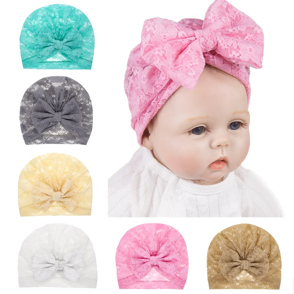 

Nishine 1PCS New Lace Bowknot Kids Turban Hat Hair Bows Newborn Beanie Caps Headwear Birthday Gift Photo Props