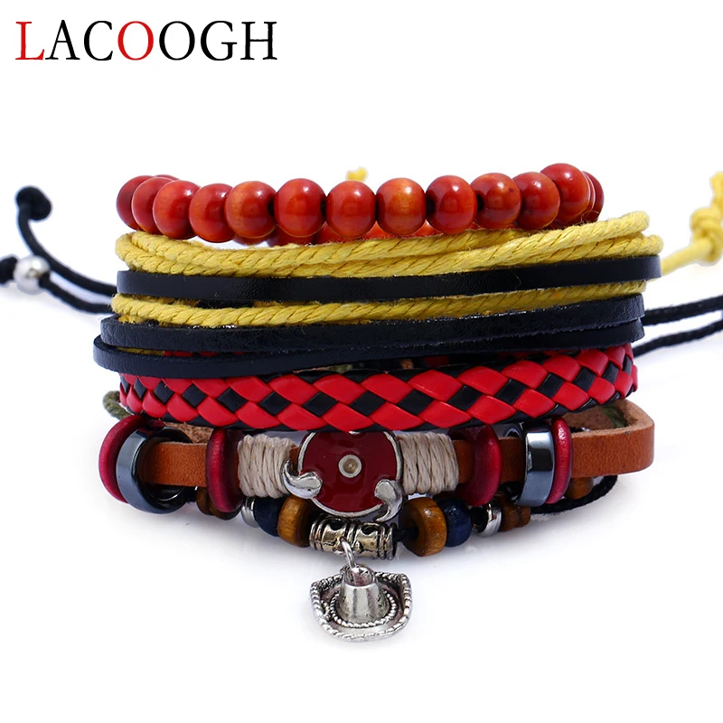 Новинка модные Многослойные браслеты Lacoogh из искусственной кожи с деревянными