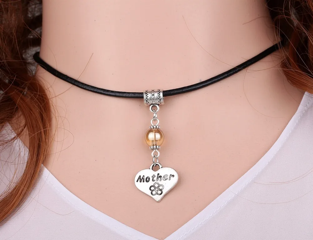 mother heartglass bead charms vintage silver choker collar leather necklace pendant diy jewelry women clothing brand hot a101 free global shipping