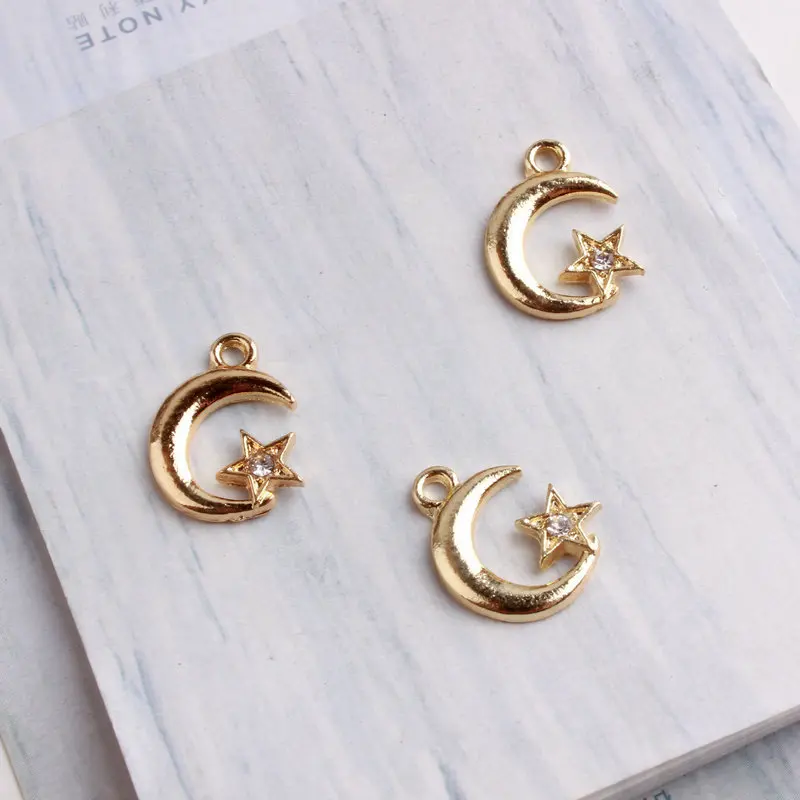 

10PCS Hot Sale Rhinestone Moon Star Pendants for Necklace Bracelet Earring Gold-color Charms For Jewelry Findings DIY Craft