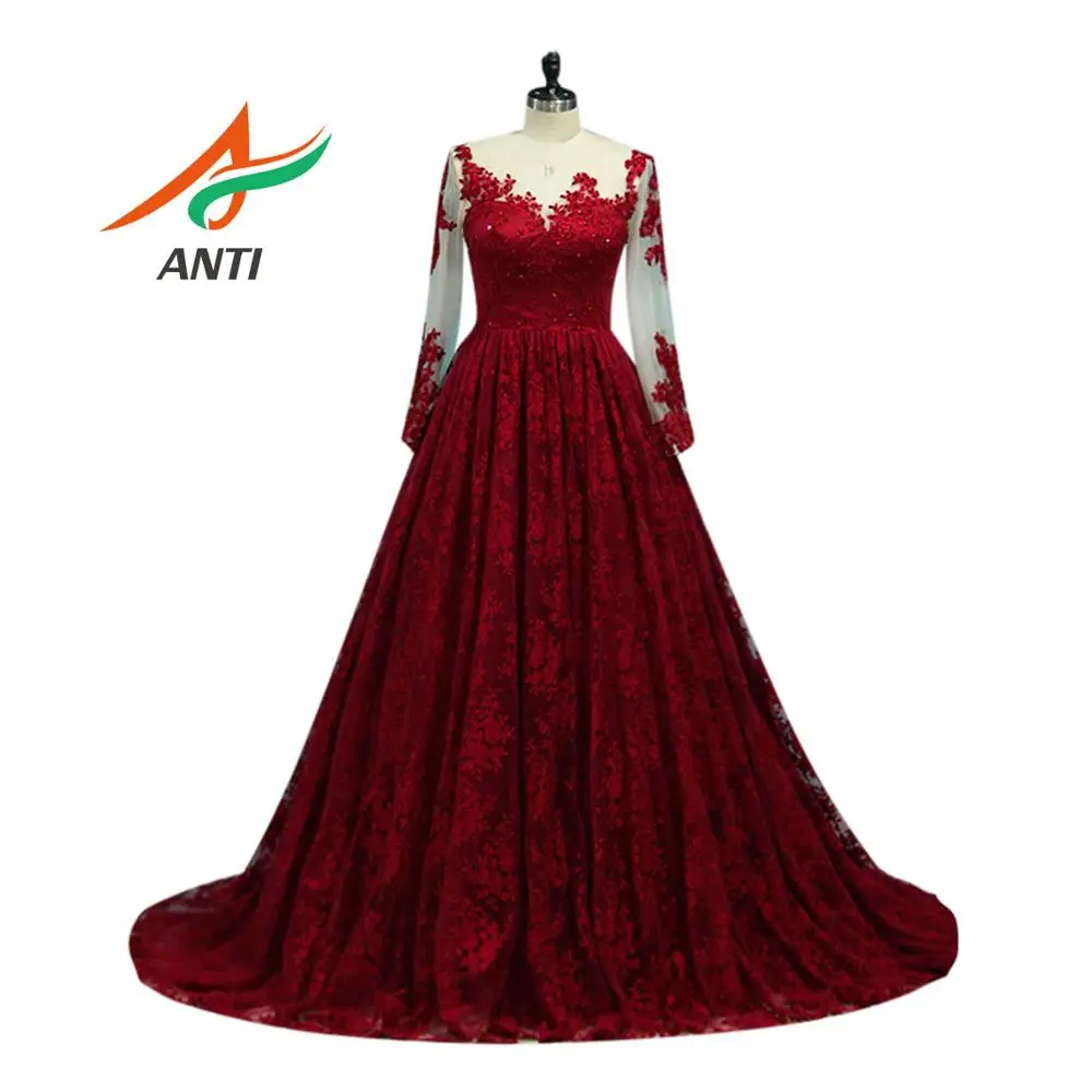 Burgundy color Анти бордовое кружевное вечернее платье с длинным рукавом vestido de festa бусины А-силуэта платье с аппликацией de Soiree Формальное вечернее Вечерние - Цвет: Burgundy color