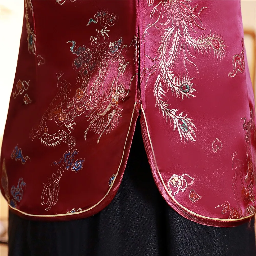 Шанхай история короткие Cheongsam Топ Традиционный китайский искусственный шелк/Атласный топ Дракон и Феникс Вышивка Блузка Топ Qipao рубашка