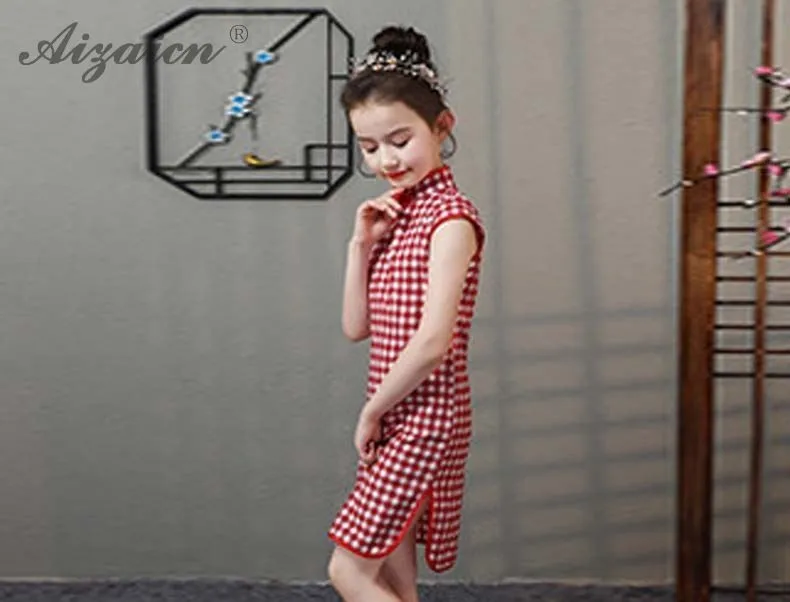 Лето г. Красный Клетчатый хлопковый Cheongsam современная детская Qi ПАО Восточный стиль дети винтажное платье Chinoise детское тонкое платье Qipao