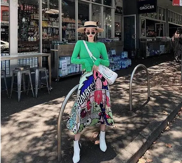 New summer 2019 cartoon pattern high-stretch pleated high-street style dress | Женская одежда