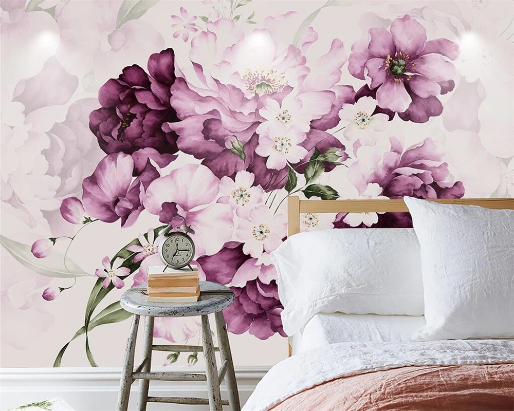 Beibehang Настенная краска по индивидуальному заказу, акварельная ручная роспись цветочный модный современный гостиная диван кровать телевизор фоновая стена 3D.