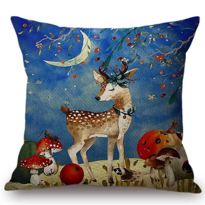 

18 "Осенние лесные животные Олень лиса Ежик медведь Картина маслом диванная подушка голубое хлопковое белье детская мультяшная наволочка