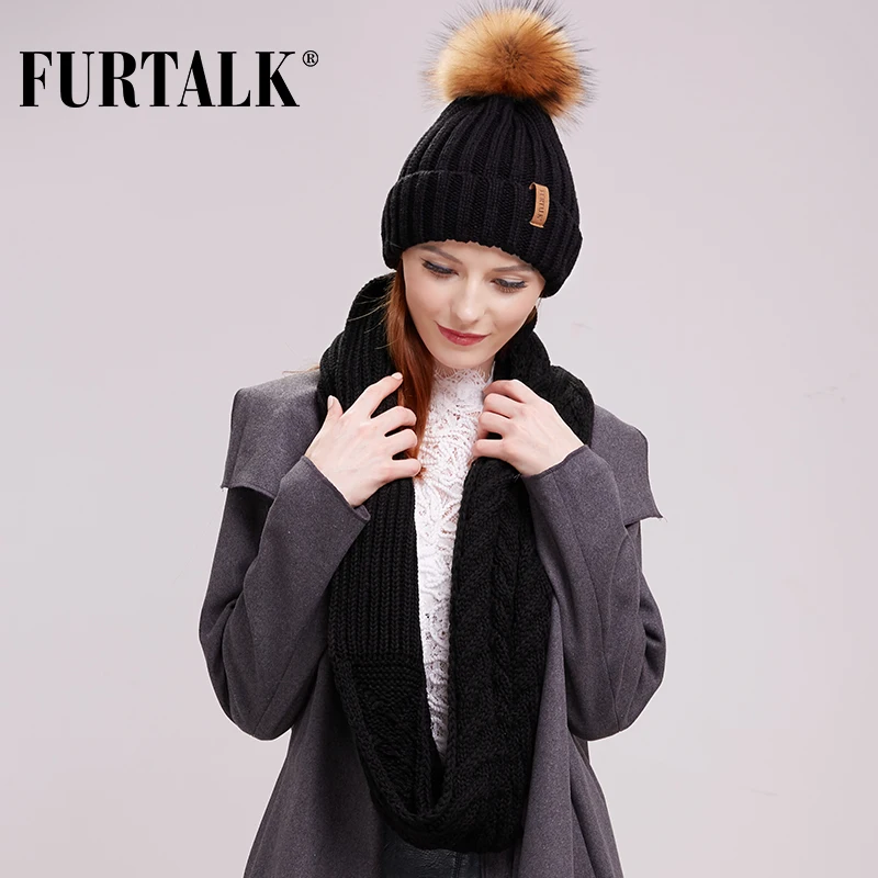 FURTALK зимняя шапка шарф набор для женщин с меховым помпоном женская теплая и кольцо черный белый цвет|hat scarf