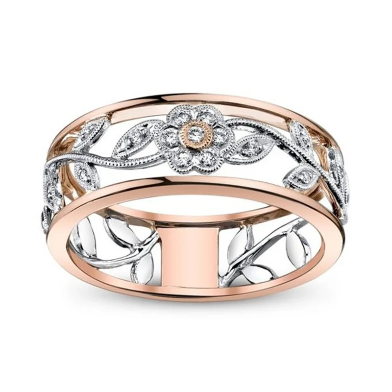 

Huitan Flower Ring Band Fashion Two-Tone Design With Micro Paved Cubic Zircon Plant Women Ring Band With Size 6-10 Hot Selling