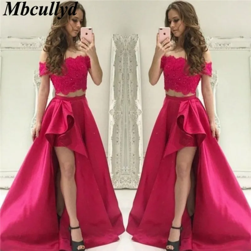 

Mbcullyd Two Pieces Prom Dresses 2019 Lace Appliques Off Shoulder Evening Party Gowns Luxury Satin Formal Long Vestido De Festa