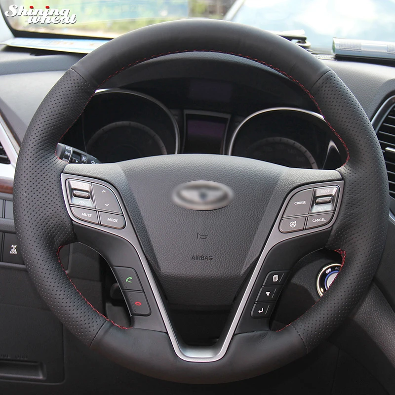 

Shining wheat Hand-stitched Black Leather Steering Wheel Cover for Hyundai Santa Fe 2013-2015