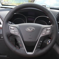 shining wheat hand stitched black leather steering wheel cover for hyundai santa fe 2013 2015