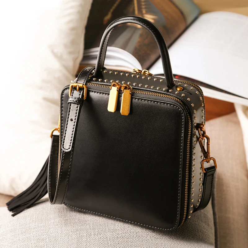 

WOONAM Women Luxury Top Grain Genuine Calf Leather Rivets Studs Box Top Handle Messenger Shoulder Bag WB330