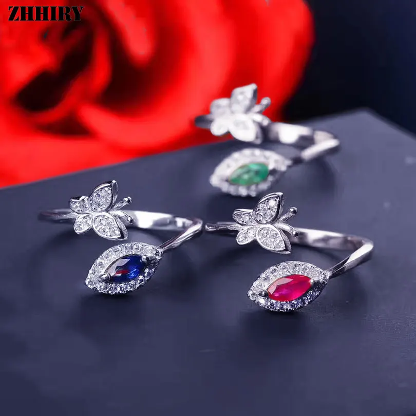Женское кольцо бабочка ZHHIRY натуральное сапфировое рубиновое Изумрудное из