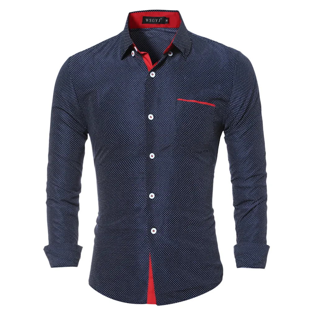 Мужская одежда, рубашки с длинным рукавом, модная блузка, топы, camisa masculina, мужские рубашки, облегающие, в горошек, d90622