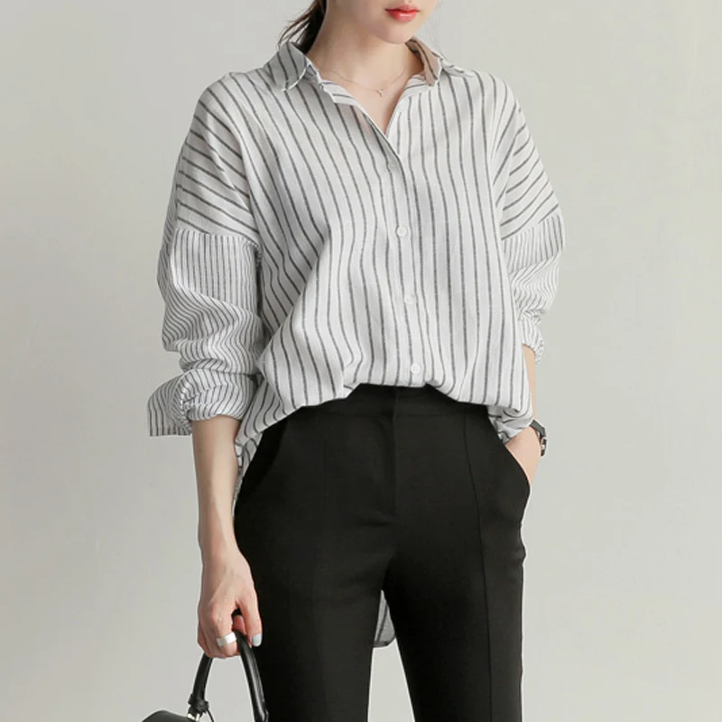 

Elegant Turn-down Collar Striped Shirts for Women Single Breasted Patchwork Loose Women Blouses 2020 Spring Summer Blusas