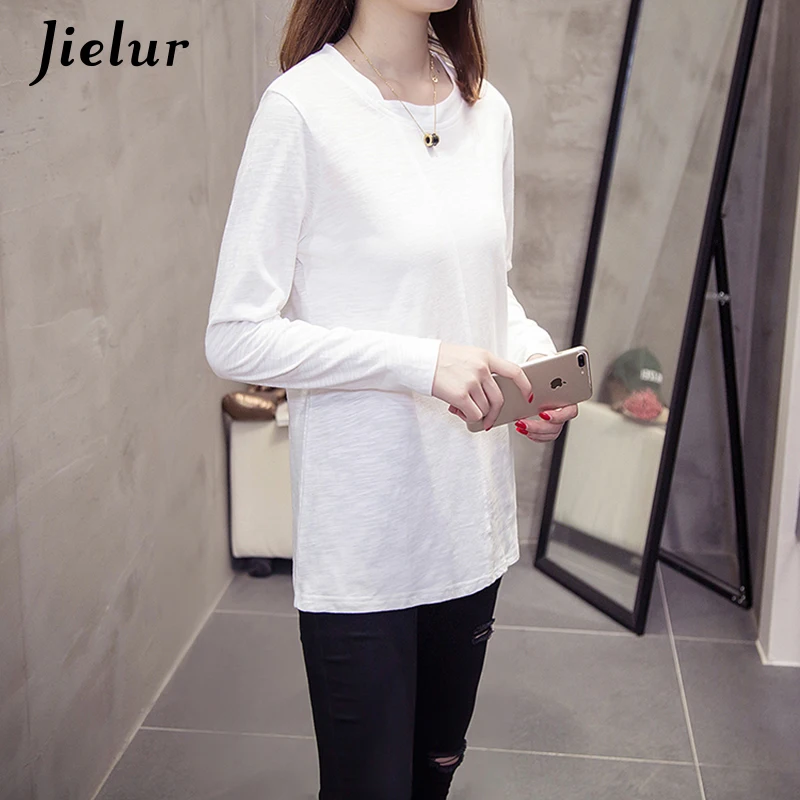 Jielur 2019 новые осенние корейские женские одноцветные футболки тонкие с длинными