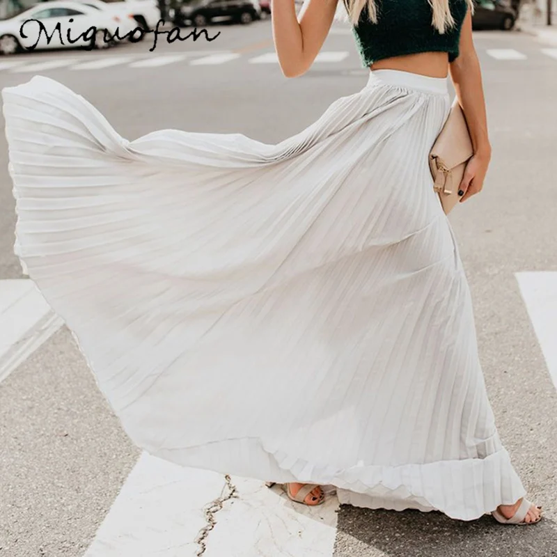 Белый Miguofan Pleated Skirt Women High Waist Long Skirts Loose Streetwear Solid Black White Maxi Skirts Summer Jupe Femme - Цвет: Белый