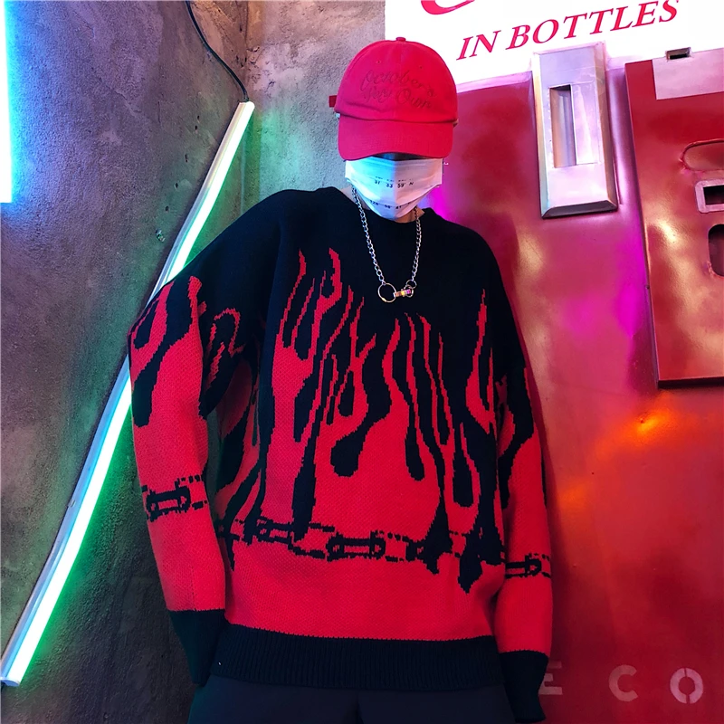 2019 Large size loose Autumn Winter Harajuku Flame Knitting Bat Sleeve Pullover Sweater Men Women Tide Outerwear aa897 | Женская одежда