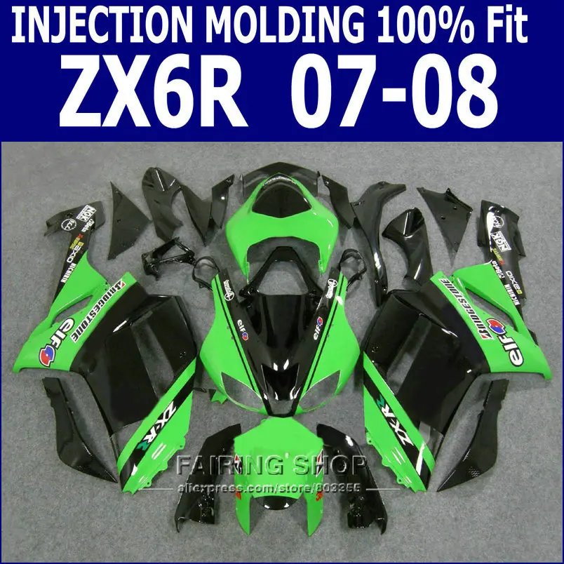 Комплект обтекателей для Kawasaki Ninja 07 08 zx6r 2007 2008 зеленый черный (100% подходит кузова)