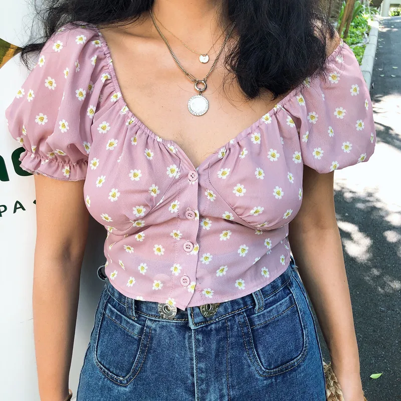 Лето 2019 Boho винтажные Женские топы и блузки на пуговицах женский укороченный топ с