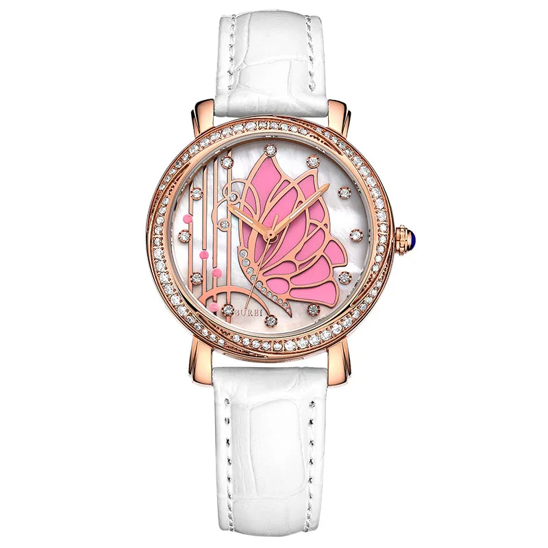 BUREI Эксклюзивная Модная Женщины Часы Белый Кожаный Ремешок Аналоговые Кварцевые