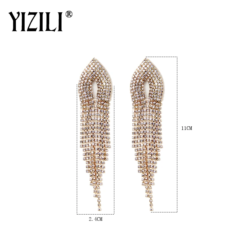 YIZILI, серебряные/Золотые длинные серьги с кисточками для женщин, стразы, висячие серьги, вечерние, для шоу, свадьбы, выпускного, ювелирное изделие, хит, E046