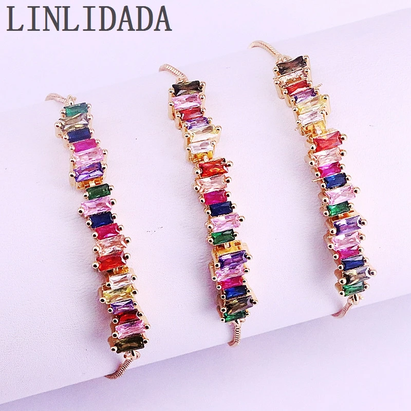 

6Pcs Fashion Micro Pave CZ Rainbow Jewelry Adjustable Colorful CZ Charming Bracelets For Women Girls