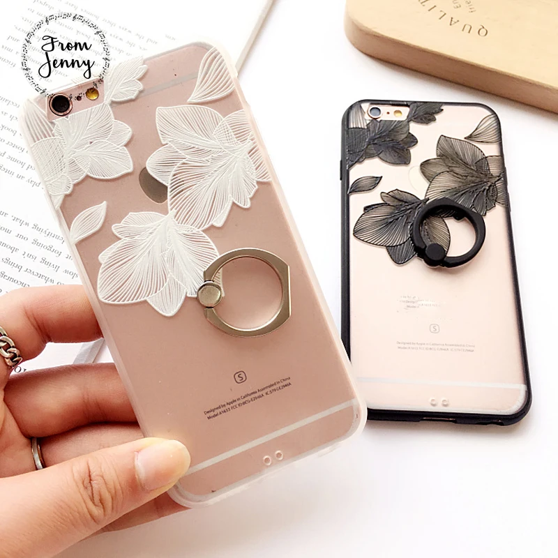 From Jenny Ring Grip Lace Flower Pattern Case For iPhone 6 6s Plus 7 hard Back Cover Cases half rose capa fundas |
