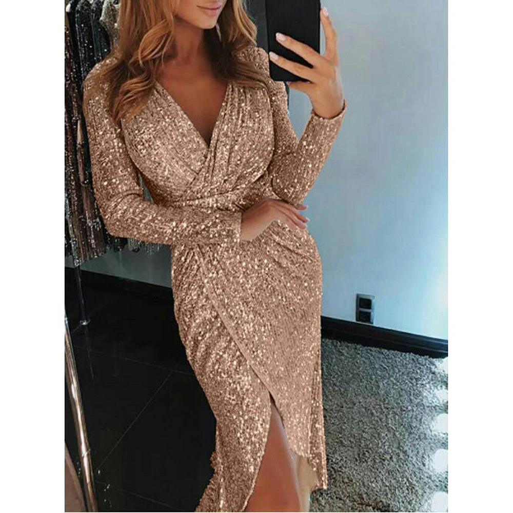 Женское сексуальное платье vestido женское блестящий длинный рукав с v-образным