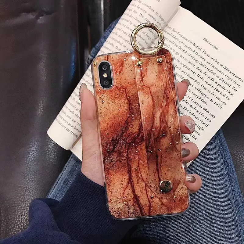 Блестящий чехол из золотой фольги и мрамора для iPhone X XS Max XR браслет с подставкой