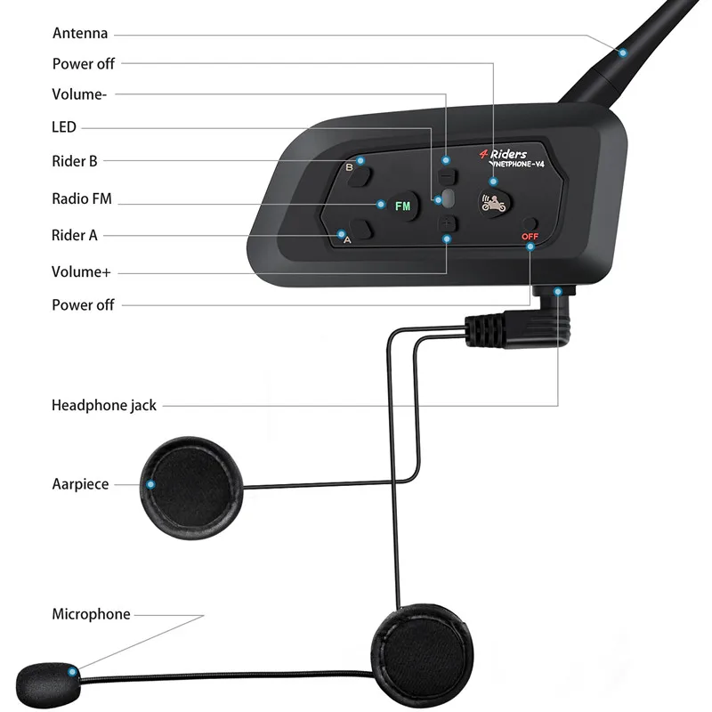 V4 мотоциклетный Bluetooth шлем гарнитуры интерком для 4 всадников FM Радио BT
