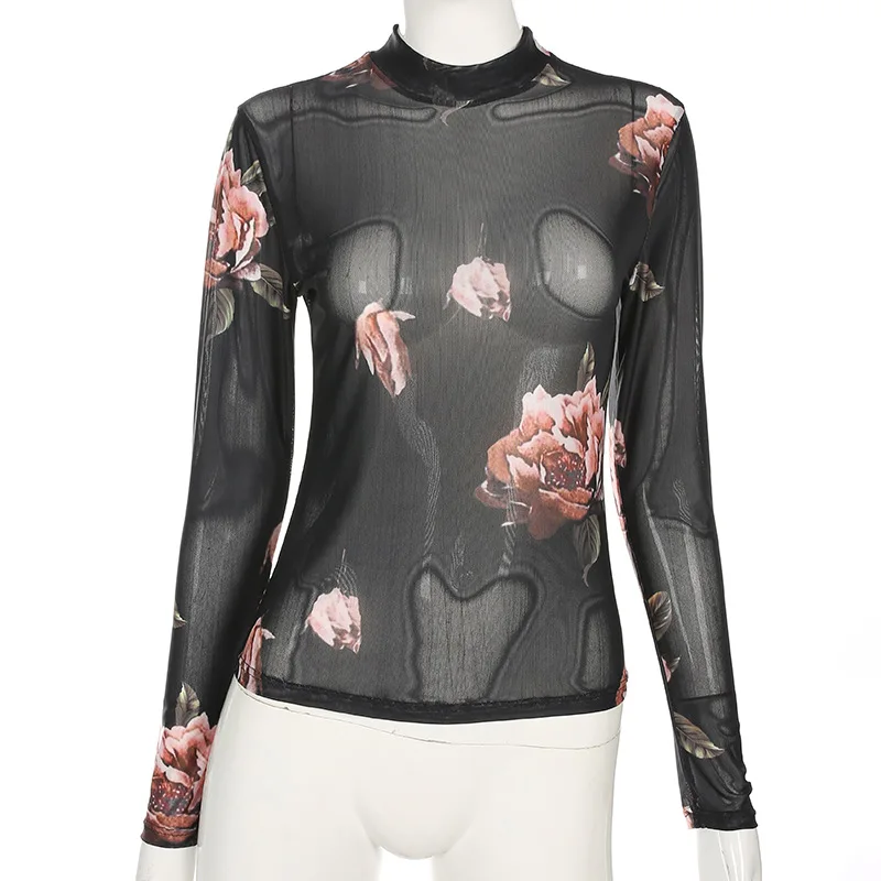 

2019 new hot sale women's spring sexy mesh net t-shirt ladies print fashion spring top tee