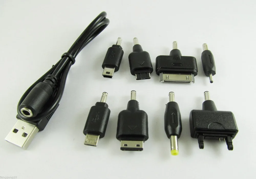 1 Set Black USB Charge Cable with 8 DC Adapters for PSP MP3 Kit 35cm