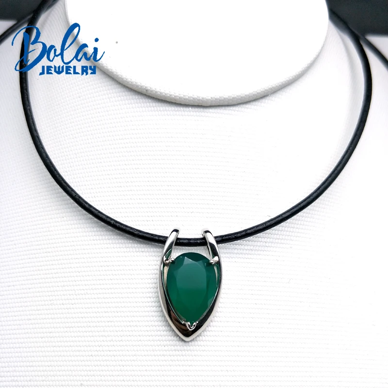Bolaijewelry, серебро 925 пробы с натуральным зеленый агат, натуральный камень, ожерелье с кулоном с кожаным аккордом, хорошее ювелирное изделие для женщин